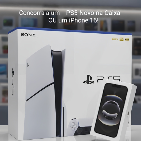 Rifa iPhone 16 Novo OU PS5 na Caixa